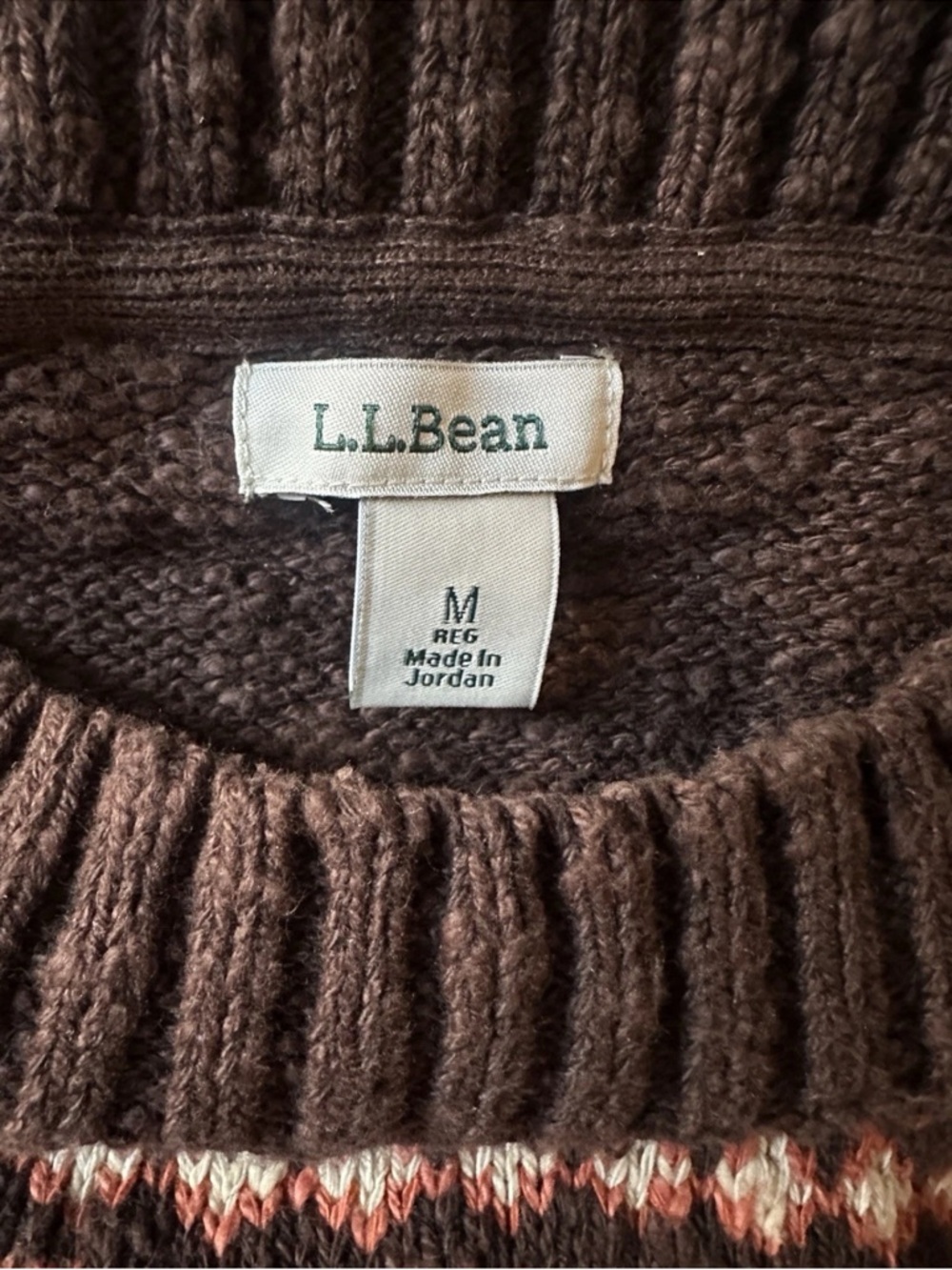 LL Bean Sweater Womens M Brown Fair Isle Knit Cotton Crewneck - Picture 3 of 3